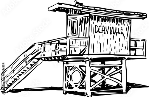 A line hand drawn sketch of a shed or beach hut Deauville France in black and white. Perfect for wallpaper, template, banner, wall decor, print, postcard, cover. Vector illustration
