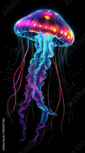 glowing jellyfish with neon colors on a black background, 