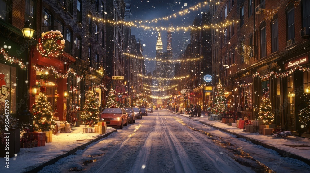 Snowy Christmas Street with Decorated Shops and Cars Snowy Christmas Street with Decorated Shops and Cars