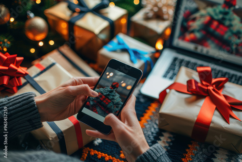 Online holiday shopping at its peak, various devices, people purchasing gifts, wrapping paper and ribbons, cyber sales, festive home decorations.. AI generated.