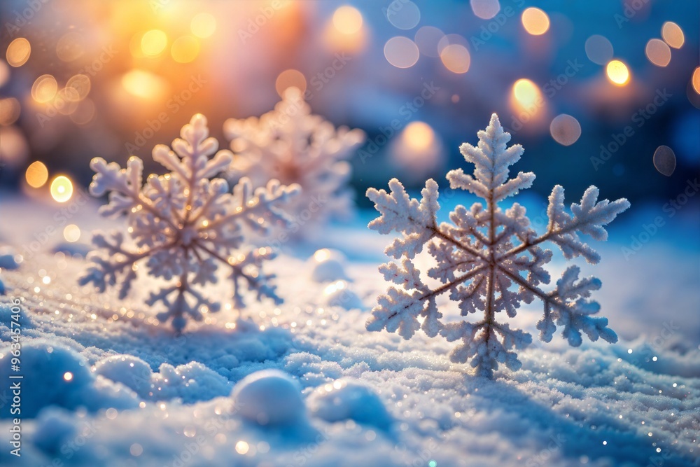 Beautiful winter snowflakes in sparkling sunset with bokeh and warm tone lights Beautiful winter snowflakes in sparkling sunset with bokeh and warm tone lights