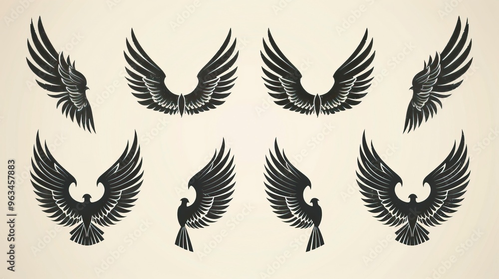Set of black wings icons. Wings badges. Collection wings badges. Vector illustration Set of black wings icons. Wings badges. Collection wings badges. Vector illustration