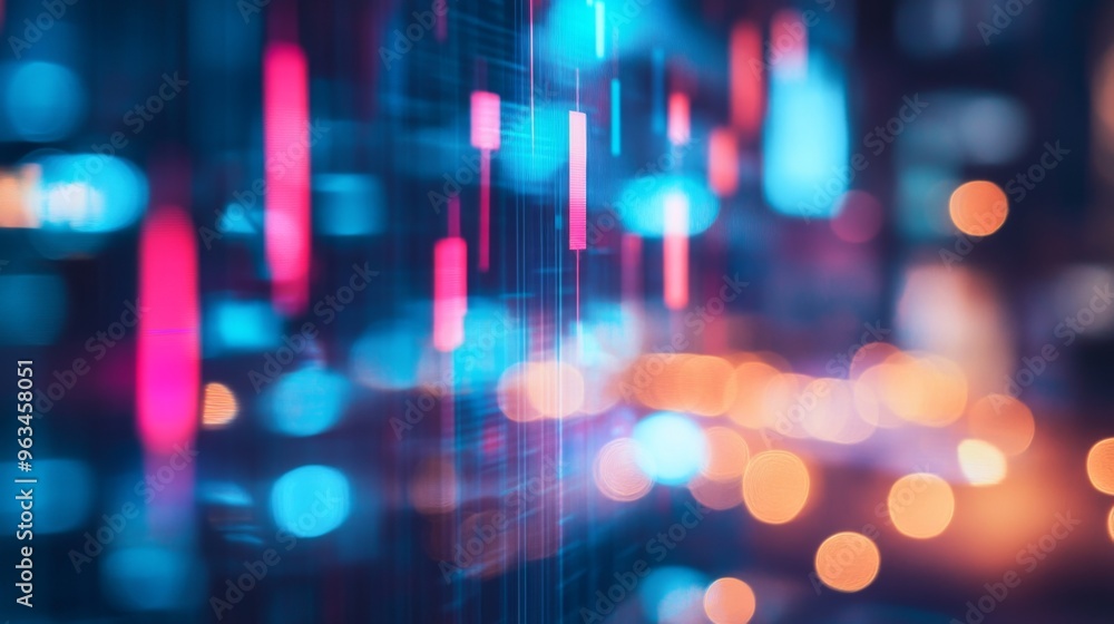 Colorful abstract lights with bright and blurred city background. Financial graphs, stock charts. Colorful abstract lights with bright and blurred city background. Financial graphs, stock charts.