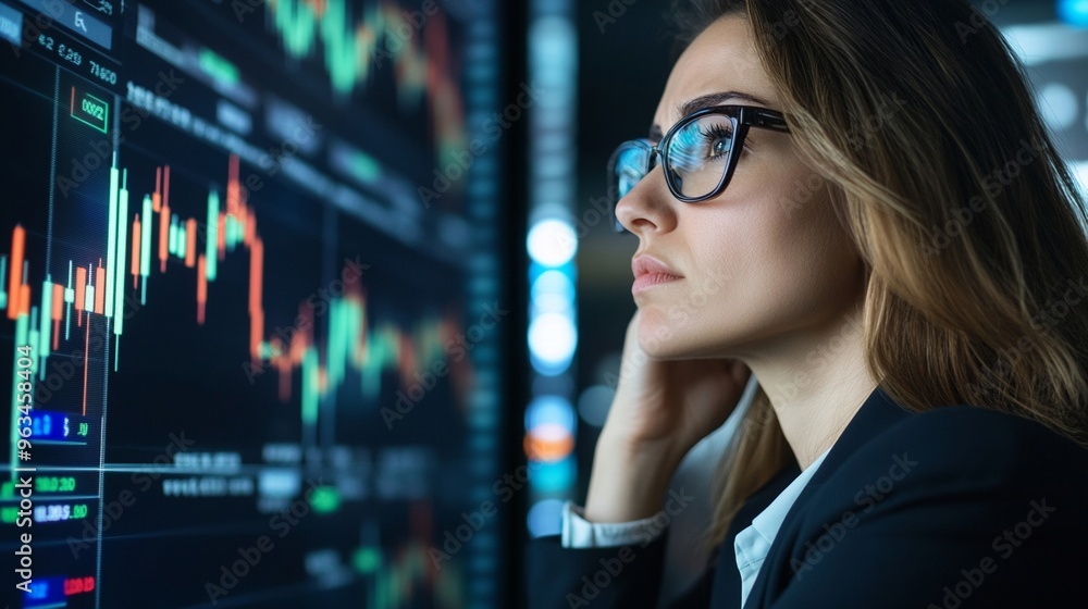 Businesswoman watching a falling interest rate graph with concern Businesswoman watching a falling interest rate graph with concern