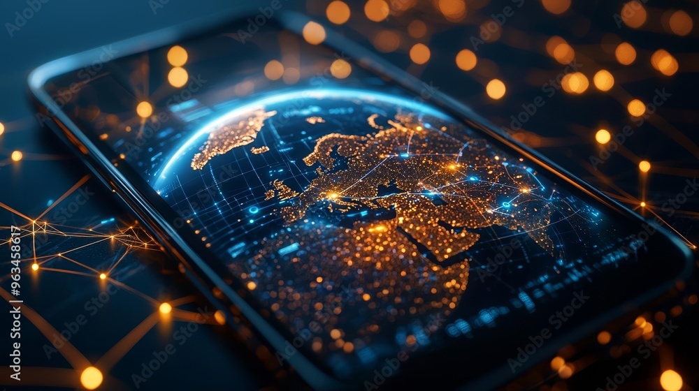 Smartphone projecting interconnected Earth with satellite links, global internet access via cloud, futuristic holographic display, advanced communication Smartphone projecting interconnected Earth with satellite links, global internet access via cloud, futuristic holographic display, advanced communication