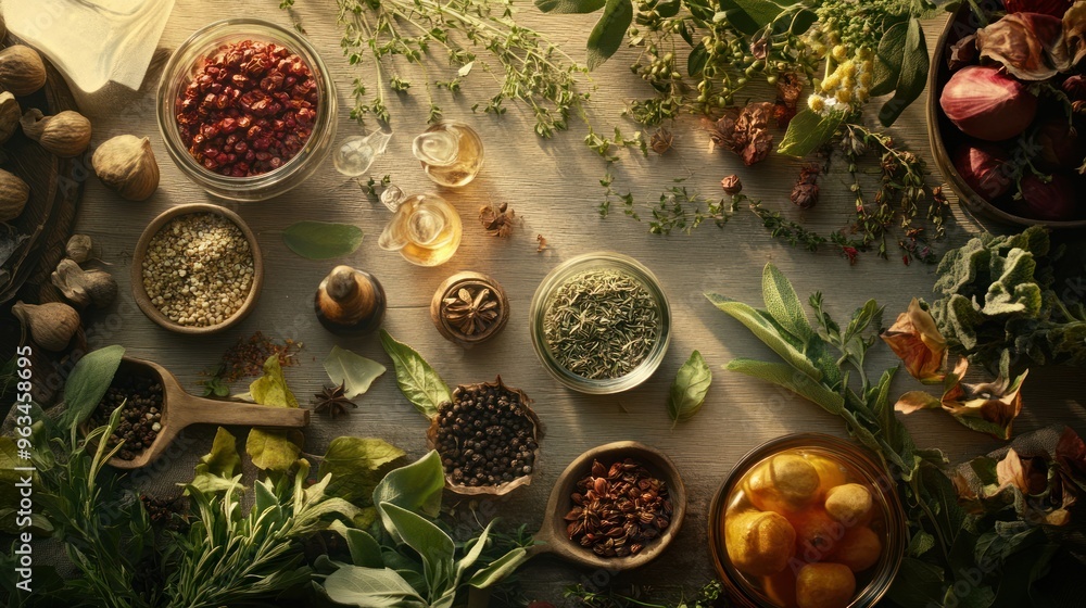 A Still Life of Herbs, Spices, and Dried Fruit on a Wooden Surface A Still Life of Herbs, Spices, and Dried Fruit on a Wooden Surface
