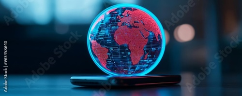 Smartphone with holographic globe, showcasing global internet and wireless network, high-tech digital interface, connected world concept, neon blue glow photo