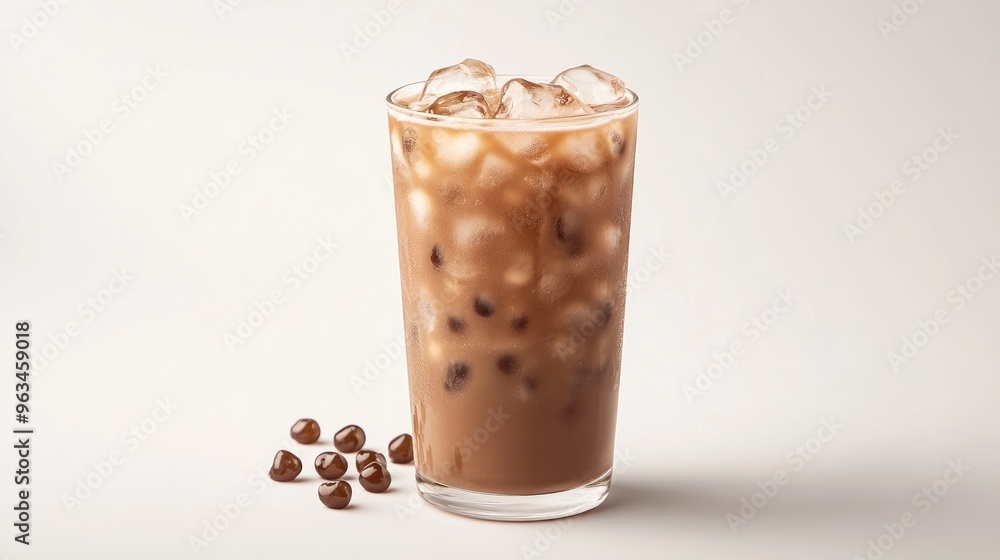 Iced milk tea in a transparent glass with ice cubes and tapioca pearls, set against a simple white background to emphasize the drink textures and color Iced milk tea in a transparent glass with ice cubes and tapioca pearls, set against a simple white background to emphasize the drink textures and color