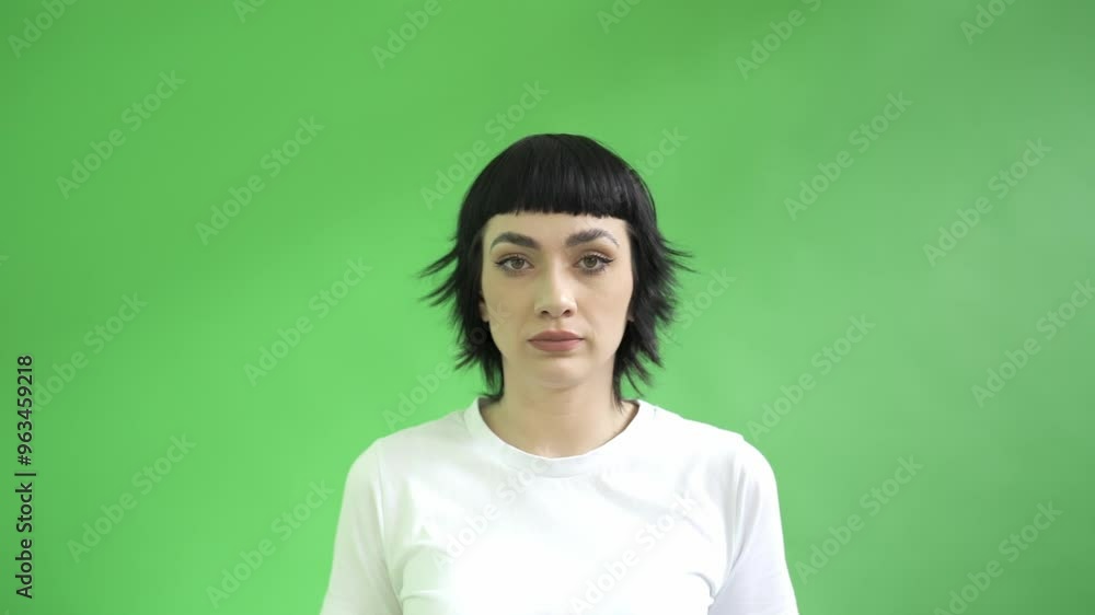 A Bold Woman Shakes Head in Disagreement Confidently in Front of a Vibrant Green Backdrop, Embracing Creativity A Bold Woman Shakes Head in Disagreement Confidently in Front of a Vibrant Green Backdrop, Embracing Creativity