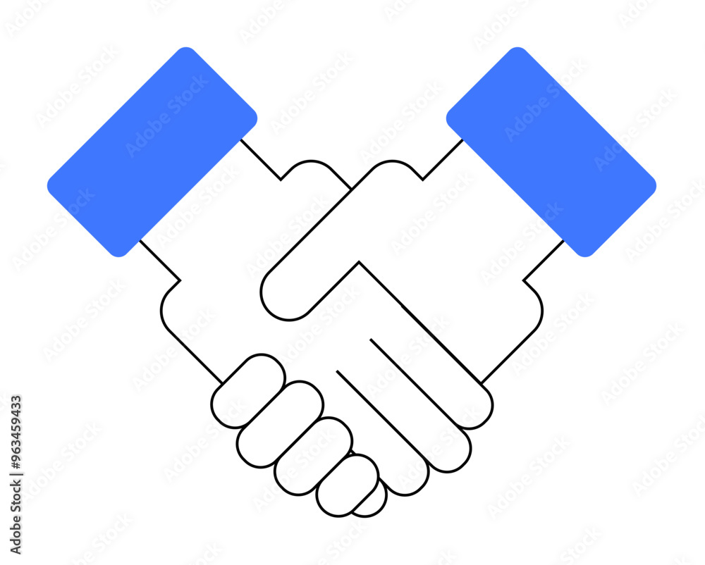 A simple, vector design featuring two hands in a handshake, one with a blue sleeve. Ideal for business, teamwork, partnership, agreement, and collaboration themes. A simple, vector design featuring two hands in a handshake, one with a blue sleeve. Ideal for business, teamwork, partnership, agreement, and collaboration themes.