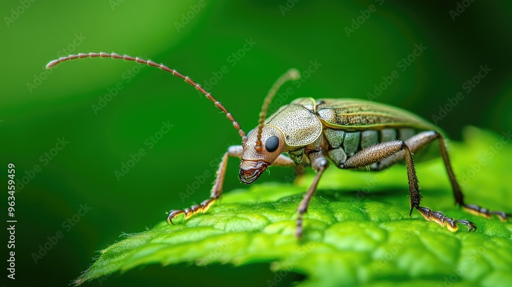 Insect on a bright green leaf, featuring a detailed shot of its legs and antennae, with a focus on the contrast between the insect and its environment Insect on a bright green leaf, featuring a detailed shot of its legs and antennae, with a focus on the contrast between the insect and its environment