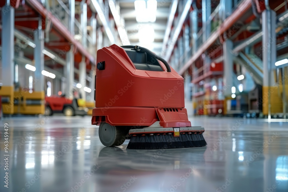 Fototapeta premium Red cleaning machine standing on shiny clean floor in large empty warehouse or factory