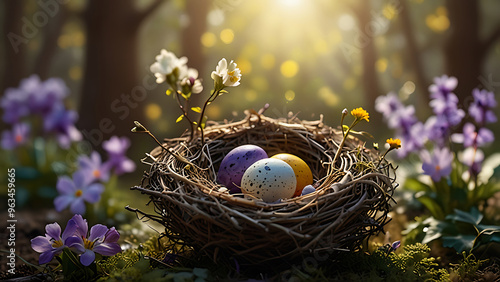 Nest with Eggs Surrounded by Spring Blossoms