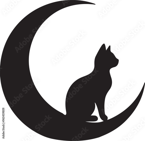 Cat sitting on moon silhouette vector art illustration