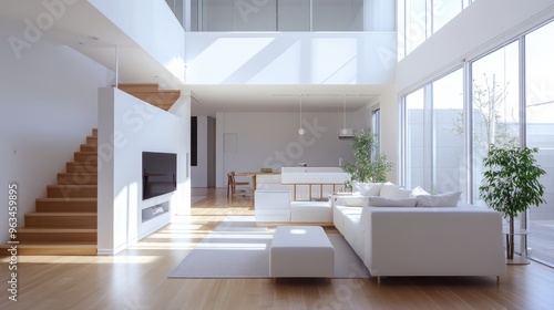 Interior of a minimalist home featuring clean lines, neutral colors, and simple furnishings, with an open layout and ample natural light