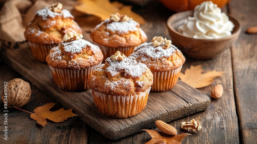 freshly baked pumpkin muffins on a rustic wooden table, surrounded by a few autumn leaves freshly baked pumpkin muffins on a rustic wooden table, surrounded by a few autumn leaves