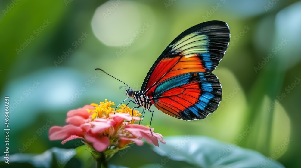 Macro shot of a colorful butterfly perched on a flower, showcasing its vibrant wings and delicate details in a natural setting Macro shot of a colorful butterfly perched on a flower, showcasing its vibrant wings and delicate details in a natural setting