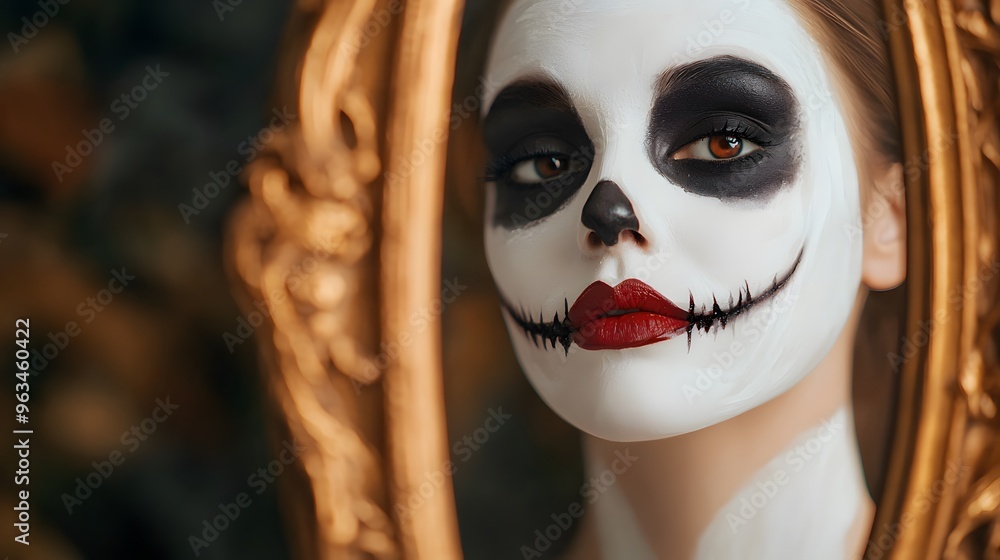 A striking portrait of a woman with skull makeup, reflecting beauty and eeriness in a vintage mirror frame. A striking portrait of a woman with skull makeup, reflecting beauty and eeriness in a vintage mirror frame.