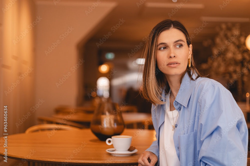 Calm young woman sitting on chair at cafe and looking at side. Portrait of comfortable woman in blue shirt and white top. Portrait of beautiful girl smiling, thinking and relaxing, cup of coffee. Calm young woman sitting on chair at cafe and looking at side. Portrait of comfortable woman in blue shirt and white top. Portrait of beautiful girl smiling, thinking and relaxing, cup of coffee.