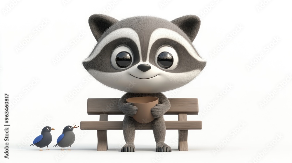 Obraz premium A cute raccoon sits on a bench holding a pot, accompanied by two small birds.
