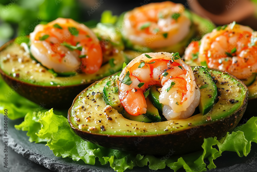 Grilled avocado halves stuffed with shrimp and herbs, served on a bed of lettuce
Grilled avocado halves stuffed with shrimp and herbs, served on a bed of lettuce