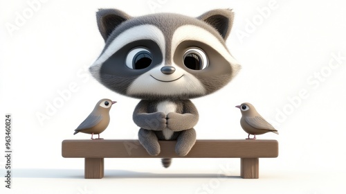 A cute raccoon sits on a bench with two small birds, exuding a friendly and playful vibe.