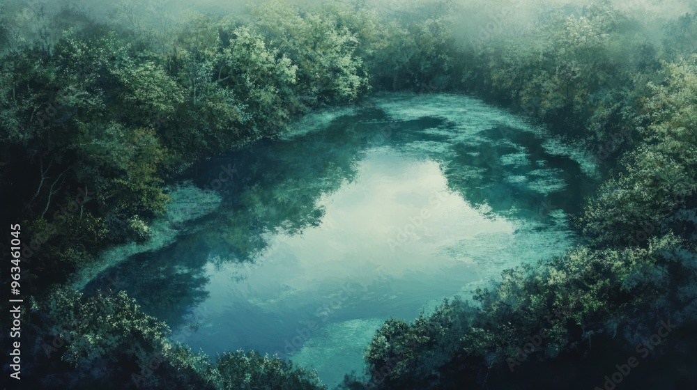 A serene lake nestled amidst a lush, misty forest A serene lake nestled amidst a lush, misty forest