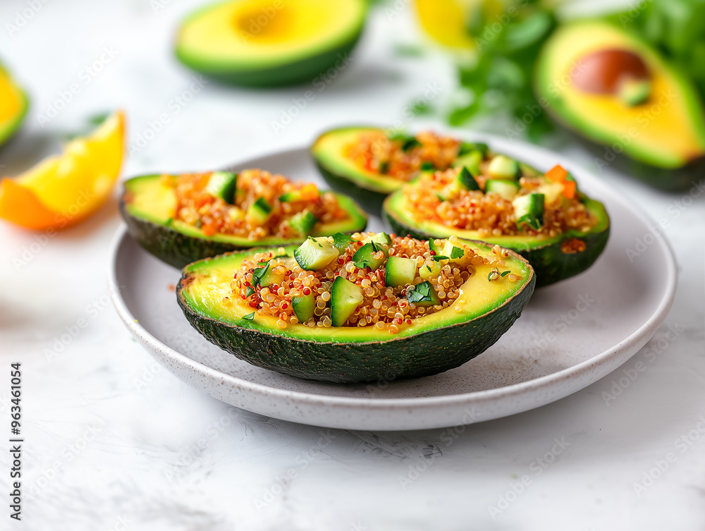 Stuffed avocado halves with quinoa, cucumber, and vegetables on a white plate
Stuffed avocado halves with quinoa, cucumber, and vegetables on a white plate