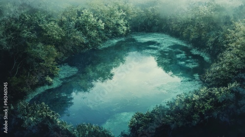 A serene lake nestled amidst a lush, misty forest