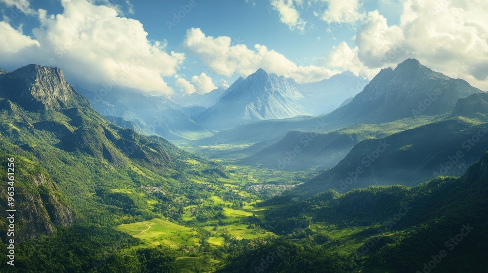 Naklejka premium Picturesque Mountain Valley with Lush Greenery and Cloudy Sky