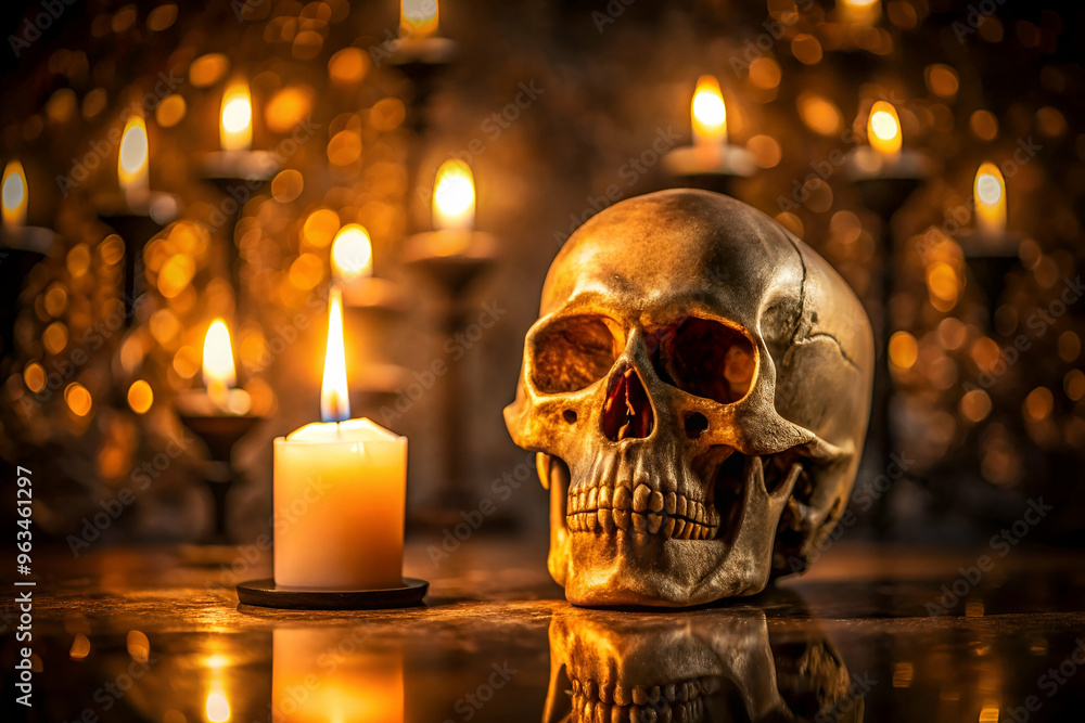 A skull is sitting on a table next to a candle. The candle is lit and the skull is surrounded by other candles. The scene has a spooky and eerie mood A skull is sitting on a table next to a candle. The candle is lit and the skull is surrounded by other candles. The scene has a spooky and eerie mood