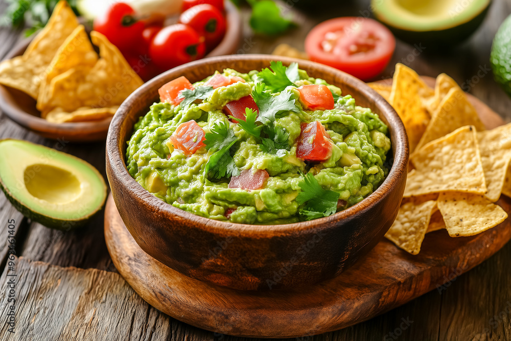 Bowl of guacamole with tomatoes, served with tortilla chips on a wooden platter
Bowl of guacamole with tomatoes, served with tortilla chips on a wooden platter