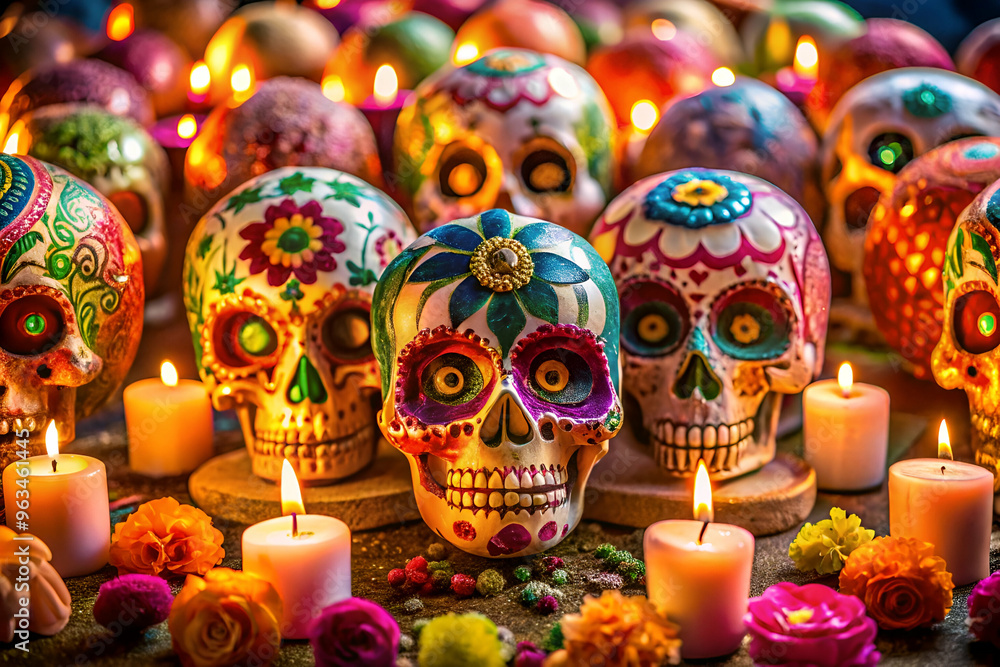 Fototapeta premium A row of colorful skulls with candles in front of them. The skulls are decorated with flowers and the candles are lit. The scene gives off a festive and celebratory mood