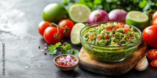 Bowl of fresh guacamole surrounded by ingredients like tomatoes, lime, and onions
 photo