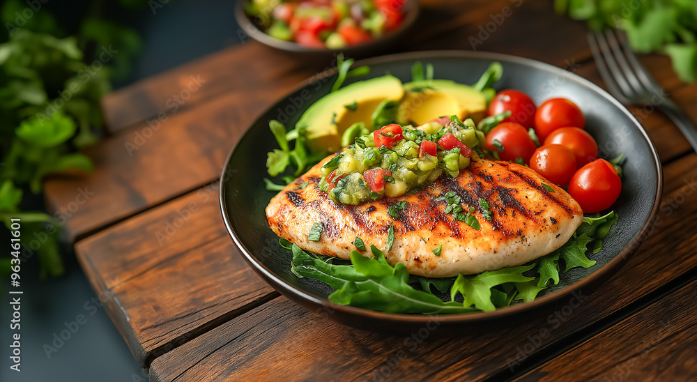 Grilled chicken breast with avocado salsa, served with cherry tomatoes and arugula
Grilled chicken breast with avocado salsa, served with cherry tomatoes and arugula