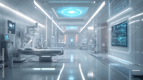 Futuristic Hospital Ward with Holographic Vital Signs Displays and Surgical Robotics