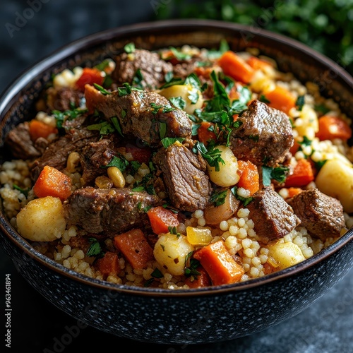 A hearty bowl filled with couscous, tender beef chunks, and vegetables garnished with chopped parsley, perfect for food blogs, social media posts photo