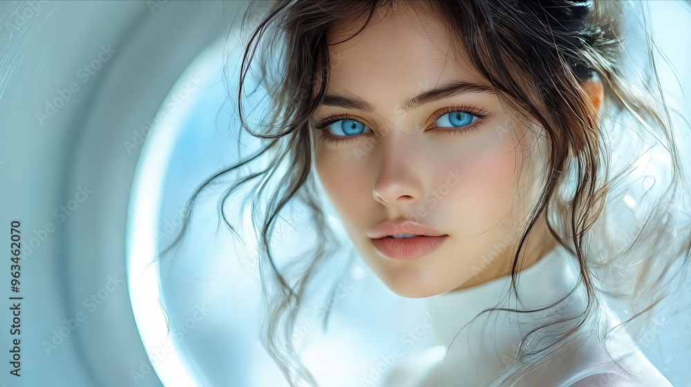 A woman with blue eyes looking at the camera A woman with blue eyes looking at the camera