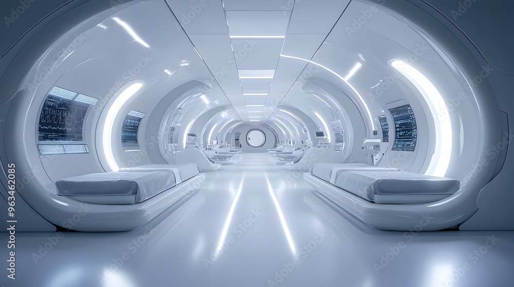 Futuristic Medical Facility with Sleek Diagnostic Equipment and Minimalist Design Futuristic Medical Facility with Sleek Diagnostic Equipment and Minimalist Design