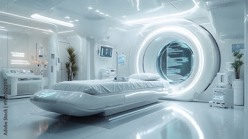 Futuristic Medical Facility with Advanced Diagnostic Technology and Sleek,Minimalist Design Futuristic Medical Facility with Advanced Diagnostic Technology and Sleek,Minimalist Design