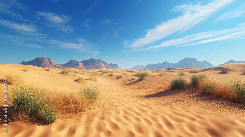 A breathtaking desert landscape with rolling sand dunes, sparse vegetation, and distant mountains under a clear blue sky, ideal for travel brochures, nature blogs, and adventure-themed content, A breathtaking desert landscape with rolling sand dunes, sparse vegetation, and distant mountains under a clear blue sky, ideal for travel brochures, nature blogs, and adventure-themed content,