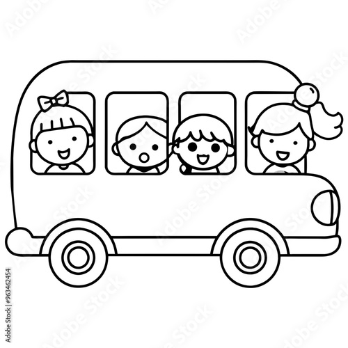 School kids students children riding in bus going to school silhouette line art vector illustration