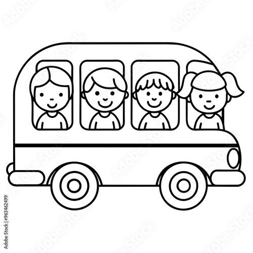 school kids in bus line art vector illustration