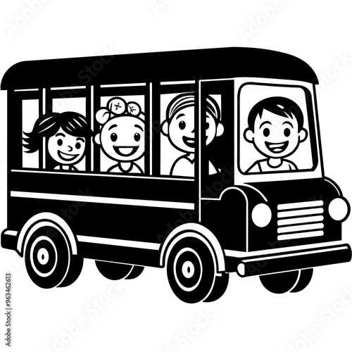 School kids students children riding in bus going to school silhouette line art vector illustration