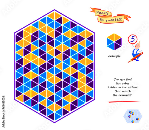 Logic puzzle game for children and adults. Can you find 5 cubes hidden in the picture that match the example? Develop spatial thinking. Task for attentiveness. Brain teaser book. Vector illustration.