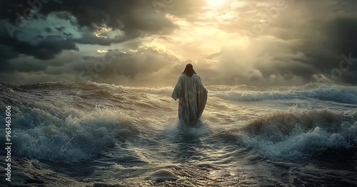 Jesus walking on the water in stormy seas
