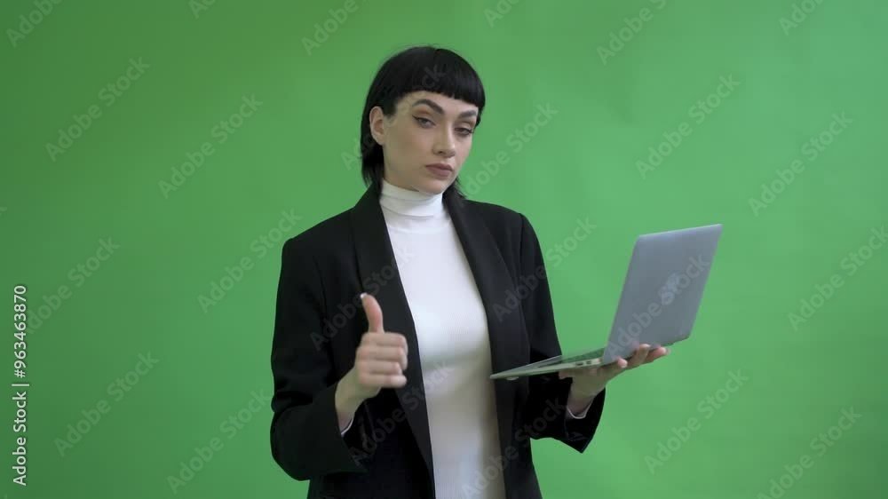 Creative Professional Working on a Laptop and Giving Thumbs Up in a Studio With a Vibrant Green Background Creative Professional Working on a Laptop and Giving Thumbs Up in a Studio With a Vibrant Green Background