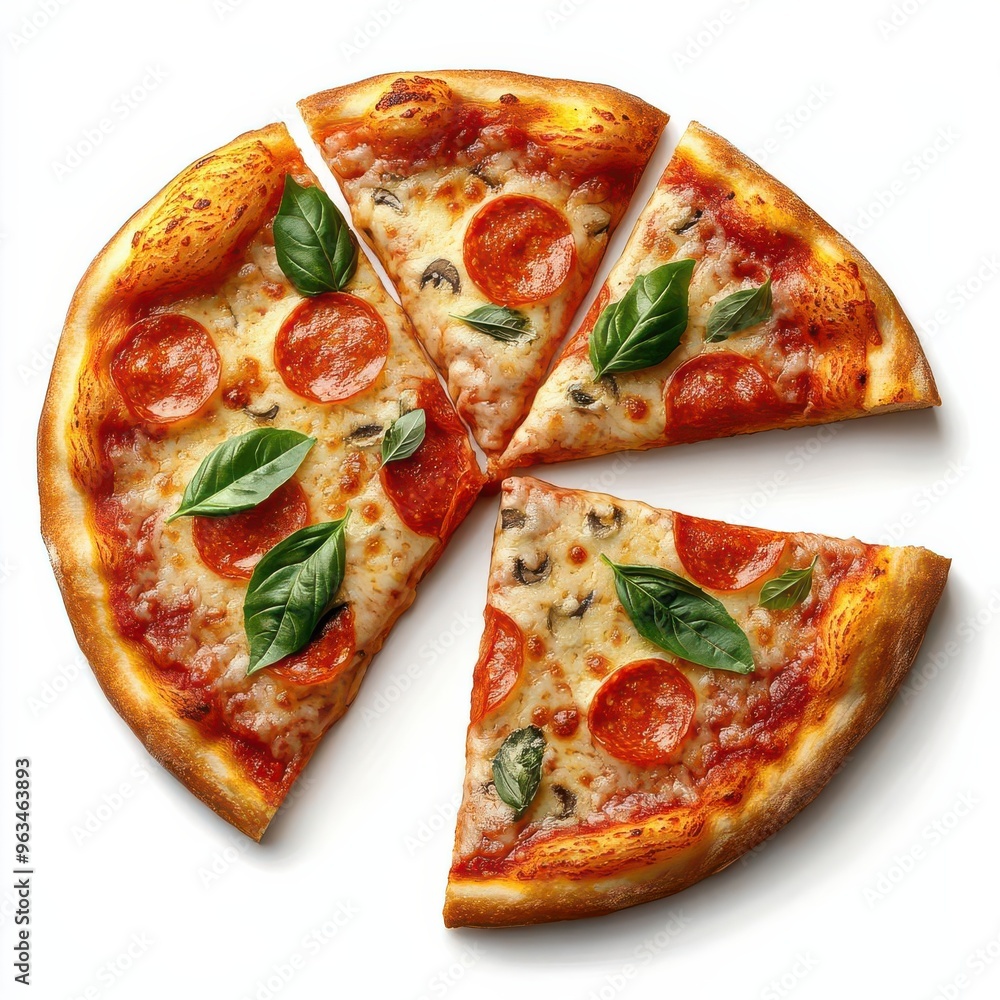 Delicious pizza slices, food element, realistic illustration, vibrant colors, isolated on white background Delicious pizza slices, food element, realistic illustration, vibrant colors, isolated on white background