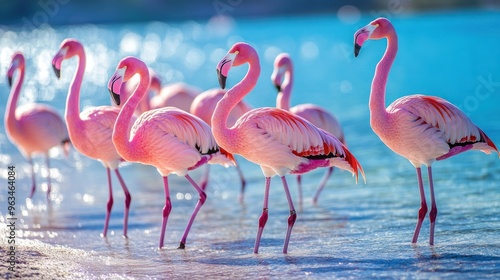 A Flock of Flamingos Gracefully Strolling in Shallow Water