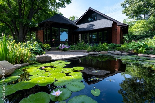 Country house with a pond nearby, reflecting the blue sky where dragonflies dart above the waterâ€™s surface on a hot summer afternoon